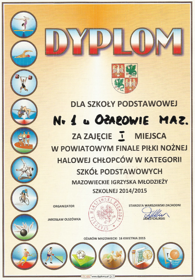 Powiatowe Zawody Szkolne w Halowej Piłce Nożnej Chłopców - dyplom