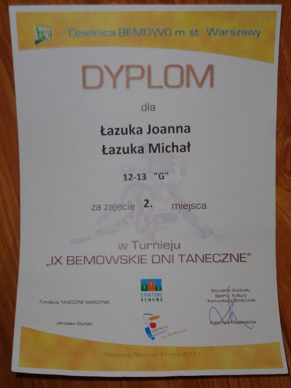 Turnieju Tańca Towarzyskiego - dyplom