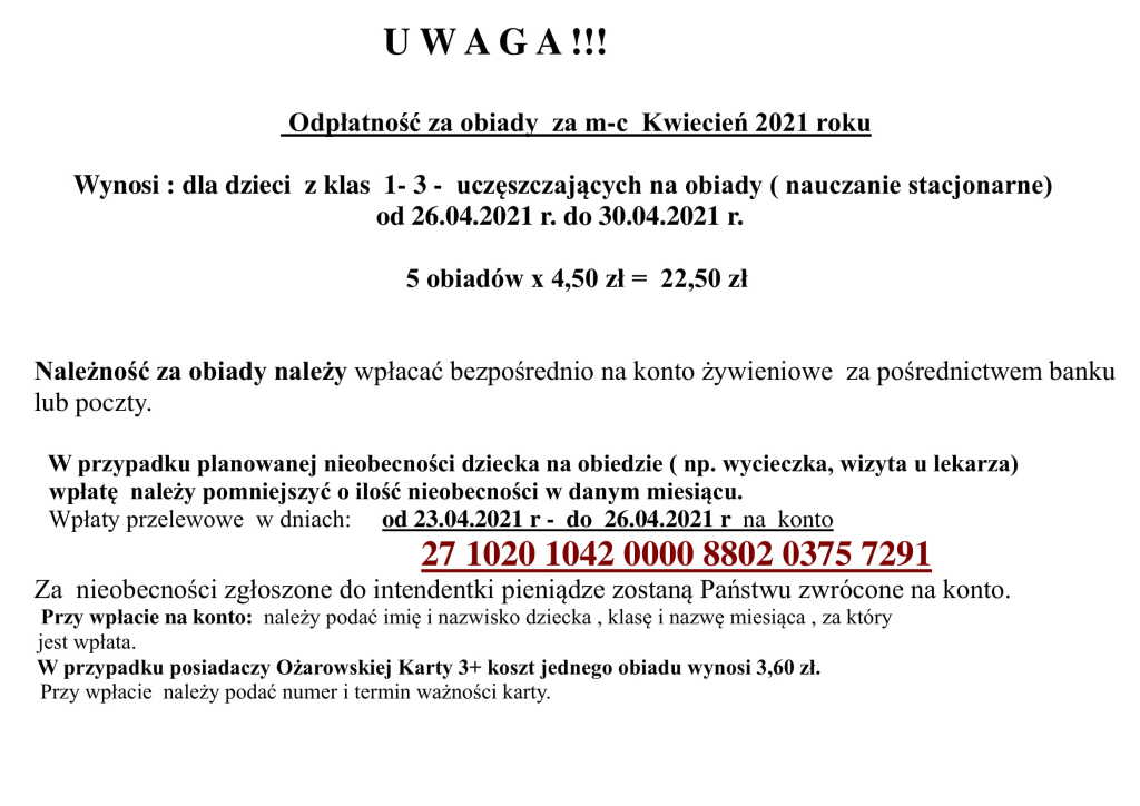 Ogłoszenie obiady kwiecien