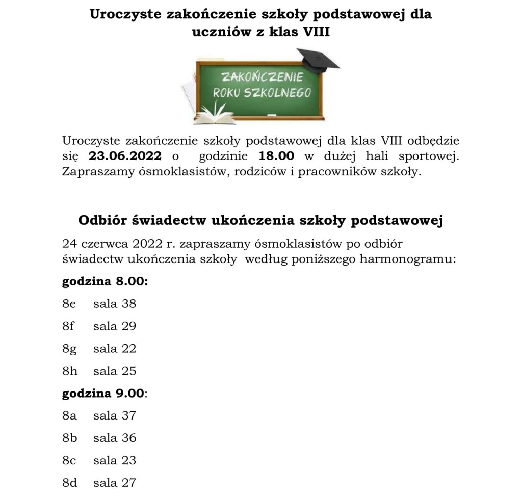 Uroczyste zakończenie szkoły podstawowej dla uczniów z klas VIII-1