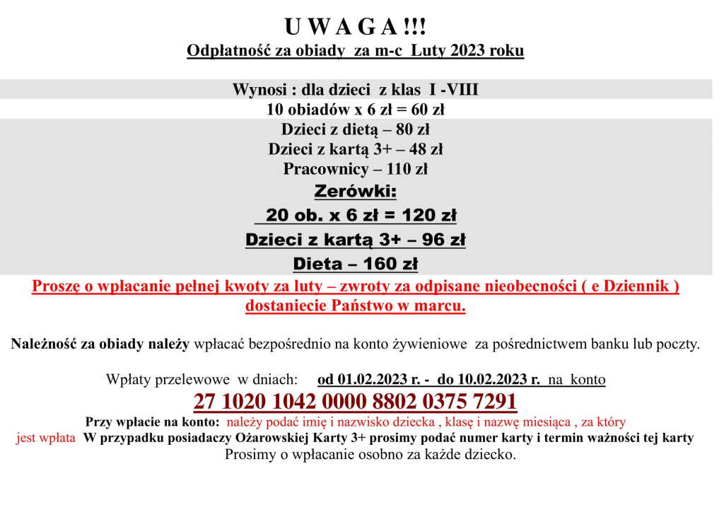 Ogłoszenie płatność obiady 2023-1