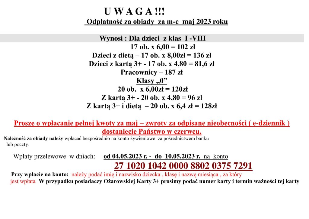 Ogłoszenie obiady za maj 2023